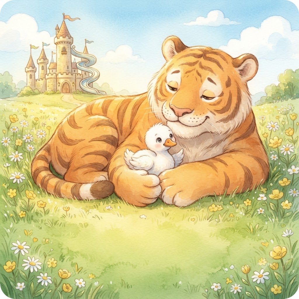 The big, big tiger cuddles Little Fluffy in a flowery meadow, with the castle and its slide behind them