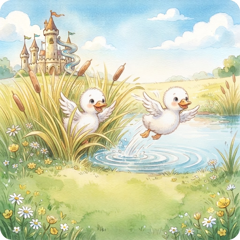 Two ducklings splashing up from the pond mid-flight
