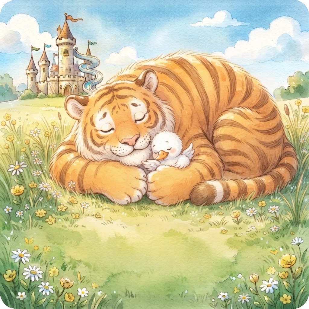 The tiger curled up asleep in the meadow, cuddling Little Fluffy