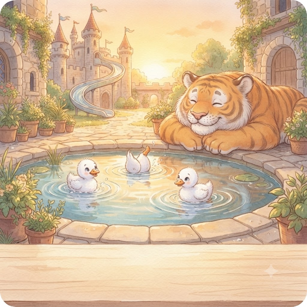 Ducklings paddling in the courtyard pool while the tiger watches at sunset