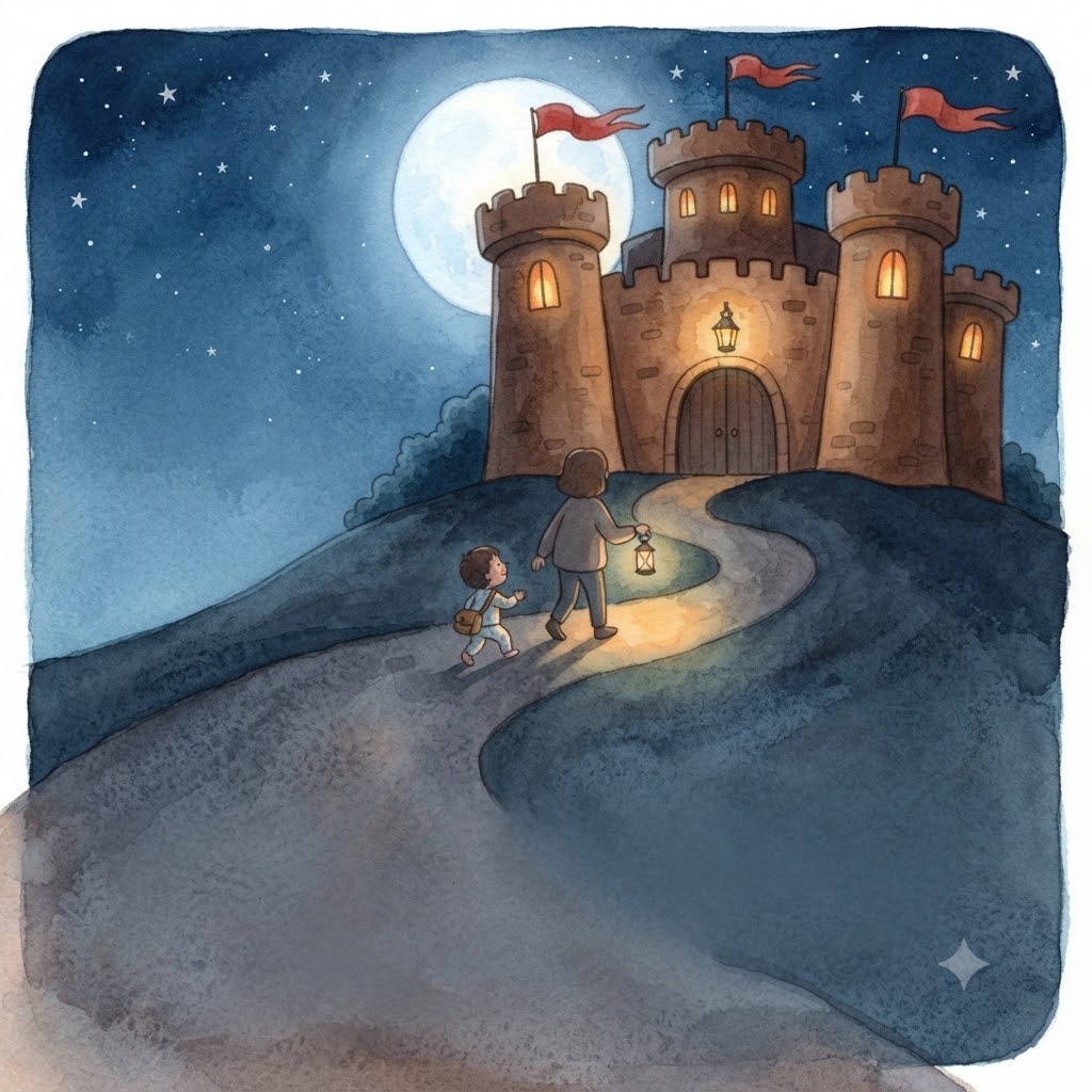 A grown-up with a lantern and a little explorer walk up the moonlit path to the castle