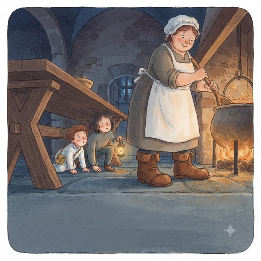 The cook stirring a bubbling cauldron while the explorers hide under the table